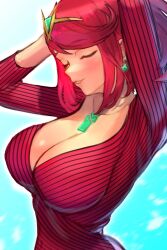 Rule 34 | 1girl, alternate costume, arms behind head, breasts, cleavage, closed eyes, highres, large breasts, pyra (xenoblade), r123, red eyes, red hair, short hair, smile, solo, xenoblade chronicles (series), xenoblade chronicles 2