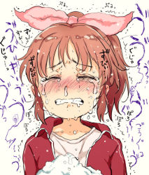 Rule 34 | 1girl, ^^^, abe nana, blush, bow, brown hair, clenched teeth, commentary request, crying, closed eyes, facing viewer, gomennasai, hair bow, idolmaster, idolmaster cinderella girls, jacket, large bow, nose blush, pink bow, ponytail, red jacket, shirt, snot, solo, tears, teeth, towel, track jacket, trembling, upper body, white shirt