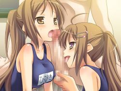 Rule 34 | 1boy, 2girls, blush, brown eyes, brown hair, censored, character request, famima, famima!, fellatio, game cg, hair ornament, hairclip, jpeg artifacts, kannazuki genshi, long hair, mosaic censoring, cooperative fellatio, multiple girls, one-piece swimsuit, oral, ouma hibiki, penis, ponytail, puzzlebox, school swimsuit, siblings, sisters, swimsuit, teamwork, twins, very long hair