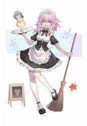 Rule 34 | 1girl, absurdres, alternate costume, apron, black corset, black footwear, black gloves, blue eyes, breasts, broom, chinese commentary, commentary request, corset, dress, enmaided, facial mark, frilled dress, frills, full body, gloves, highres, holding, holding broom, honkai: star rail, honkai (series), leaf, maid, maid apron, maid headdress, march 7th (honkai: star rail), mary janes, medium breasts, medium hair, open mouth, pantyhose, pink eyes, pink hair, puffy short sleeves, puffy sleeves, shoes, short hair, short sleeves, single glove, siro jun, smile, thigh strap, trailblazer (honkai: star rail), two-tone eyes, white pantyhose