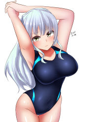 Rule 34 | 1girl, amamiya kure, arm behind head, arms up, braid, breasts, commentary request, competition swimsuit, cowboy shot, crown braid, dated, green eyes, highres, kashiwagi saki, large breasts, long hair, looking at viewer, one-piece swimsuit, ongeki, silver hair, simple background, solo, swimsuit, thigh gap, white background