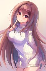 Rule 34 | :p, blush, breasts, commentary request, fate/grand order, fate (series), finger to mouth, gradient background, hair intakes, large breasts, long hair, long sleeves, looking at viewer, naked sweater, naughty face, ohitashi netsurou, purple hair, red eyes, ribbed sweater, scathach (fate), solo, sweater, tongue, tongue out, turtleneck, turtleneck sweater