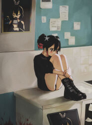 Rule 34 | 1girl, black footwear, black hair, black panties, black sweater, blood, blood on wall, boots, character request, copyright request, gradient hair, hair ornament, highres, hugging own legs, indoors, knees to chest, knees up, multicolored hair, nyztsune, panties, poster (object), red eyes, red hair, sitting, solo, star (symbol), star hair ornament, sweater, underwear, virtual youtuber