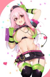 Rule 34 | 1girl, :d, arm up, ashino, belt buckle, between breasts, bikini, bikini under clothes, black hat, black skirt, black thighhighs, blush, breasts, breasts apart, buckle, commentary request, confetti, cosplay, elbow gloves, fate/grand order, fate (series), florence nightingale (fate), florence nightingale (fate) (cosplay), florence nightingale (trick or treatment) (fate), florence nightingale (trick or treatment) (fate) (cosplay), gloves, green bikini, green gloves, hair between eyes, hat, heart, highleg, highleg swimsuit, highres, holding, large breasts, long hair, lying, miniskirt, navel, nitroplus, official alternate costume, on back, open mouth, pink ribbon, ribbon, round teeth, shrug (clothing), simple background, skirt, smile, solo, stethoscope, stomach, super sonico, swimsuit, syringe, tareme, teeth, thigh gap, thighhighs, upskirt, very long hair, white background