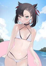 Rule 34 | 1girl, absurdres, alternate costume, asymmetrical bangs, bikini, black choker, blue sky, blush, breasts, choker, closed mouth, cloud, collarbone, commentary request, creatures (company), day, eyelashes, game freak, gluteal fold, green eyes, hair ribbon, highres, holding, holding swim ring, innertube, looking at viewer, marnie (pokemon), navel, nintendo, ocean, outdoors, pokemon, pokemon swsh, red ribbon, ribbon, sakura (0tjagjmgptjm), skindentation, sky, small breasts, solo, swim ring, swimsuit, thigh gap, twintails, unfinished, white bikini