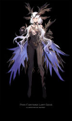 Rule 34 | 1girl, artist name, asymmetrical clothes, asymmetrical legwear, bare shoulders, black background, feathered wings, fingerless gloves, full body, gloves, head wings, highres, long hair, mismatched legwear, multiple wings, no pupils, original, pixiv fantasia, pixiv fantasia last saga, smile, solo, swd3e2, white hair, wings, yellow eyes