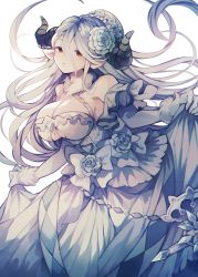 Rule 34 | 1girl, bare shoulders, blush, breasts, cleavage, collarbone, commentary request, draph, flower, gloves, granblue fantasy, hair between eyes, hair flower, hair ornament, highres, horns, izmir, large breasts, long hair, looking at viewer, mole, mole under mouth, namakuby, pointy ears, red eyes, revision, skirt hold, solo, white gloves