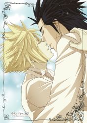 Rule 34 | 2boys, black hair, blonde hair, border, brown necktie, closed eyes, cloud strife, colored eyelashes, dated, earrings, facial scar, final fantasy, final fantasy vii, groom, hair slicked back, hand on another&#039;s shoulder, highres, imminent kiss, jacket, jewelry, kaden ff7, male focus, medium hair, multiple boys, necktie, scar, scar on cheek, scar on face, short hair, sideburns, single earring, sparkle, spiked hair, suit jacket, twitter username, upper body, wedding, yaoi, yellow jacket, zack fair