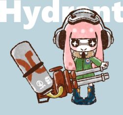 Rule 34 | 1girl, black eyes, blue background, blue footwear, blunt bangs, closed mouth, coat, full body, green coat, headphones, holding, holding weapon, hydra splatling (splatoon), inkling, inkling girl, inkling player character, long hair, nintendo, pink hair, smile, solo, splatoon (series), standing, swallow02, weapon, weapon name