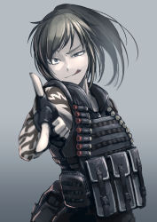 Rule 34 | 1girl, ;p, ammunition, blue eyes, blurry, brown hair, buckle, bulletproof vest, depth of field, fingerless gloves, gloves, hetza (hellshock), load bearing vest, looking at viewer, one eye closed, original, pointing, pointing at viewer, pouch, shotgun shell, snap-fit buckle, solo, suzumi (hetza), tattoo, tongue, tongue out, wink