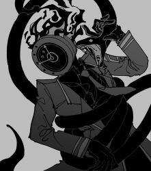 Rule 34 | 1other, clock, coat, collared shirt, cowboy shot, dante (limbus company), fangs, fire, gloves, greyscale, hand up, highres, limbus company, long sleeves, maskv, monochrome, necktie, object head, open mouth, pants, project moon, shirt, snake, solo, wing collar