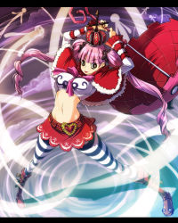 Rule 34 | 1girl, belt, belt buckle, black stripes, boots, bow, buckle, capelet, crown, devil fruit, female focus, fighting stance, full body, ghost, letterboxed, navel, nekomamire, one piece, pantyhose, perona, pink hair, red footwear, red skirt, shoes, skirt, solo, striped clothes, striped pantyhose, twintails, umbrella, white stripes
