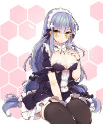 Rule 34 | 1girl, alternate costume, between legs, black thighhighs, blunt bangs, blush, breasts, cleavage, closed mouth, dress, enmaided, facepaint, frilled dress, frilled sleeves, frills, garter straps, girls&#039; frontline, green eyes, hair ornament, hand between legs, hand on own chest, highres, hk416 (girls&#039; frontline), jewelry, long hair, looking at viewer, low twintails, maid, maid headdress, medium breasts, mou tama maru, ring, scrunchie, short sleeves, sidelocks, silver hair, sitting, skindentation, solo, teardrop, thighhighs, thighs, twintails, wedding band