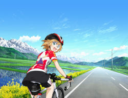 Rule 34 | 10s, 1girl, ass, bicycle, bike shorts, blonde hair, blue eyes, cloud, day, highres, kurata ami, long riders!, looking back, mountain, rice paddy, road, short hair, smile, solo, utility pole
