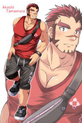 Rule 34 | 1boy, ^ ^, akashi (live a hero), alternate costume, bara, black shorts, bulge, character name, closed eyes, facial hair, full body, goatee, happy, huge eyebrows, large pectorals, live a hero, long sideburns, looking at viewer, male focus, muscular, muscular male, pectoral cleavage, pectorals, projected inset, red eyes, red hair, red tank top, scar, scar on face, scar on nose, short hair, shorts, sideburns, solo, syosenyaoimoe, tank top, thick eyebrows