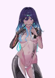 Rule 34 | 1girl, :d, blue hair, breasts, covered navel, fingersmile, groin, hair between eyes, highres, leotard, long hair, looking at viewer, mechanical arms, open mouth, original, purple eyes, simple background, single mechanical arm, smile, solo, tac239, tears, white background