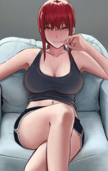 Rule 34 | 1girl, alternate costume, armchair, black shorts, black tank top, braid, braided ponytail, breasts, chainsaw man, chair, cleavage, closed mouth, collarbone, commentary, crossed legs, dolphin shorts, elbow rest, english commentary, grey background, gyunzai, hair between eyes, hand on own face, highres, large breasts, long bangs, long hair, looking at viewer, makima (chainsaw man), navel, orange eyes, red hair, ringed eyes, short shorts, shorts, simple background, sitting, smile, tank top