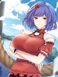 Rule 34 | 1girl, blouse, blue hair, breasts, closed mouth, collarbone, crossed arms, day, hair ornament, highres, large breasts, leaf hair ornament, mirror, mitama mudimudi, onbashira, red eyes, red shirt, shirt, short hair, short sleeves, signature, smile, solo, touhou, upper body, wrist cuffs, yasaka kanako