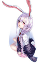 Rule 34 | 1girl, animal ear fluff, animal ears, arm support, blazer, dress shirt, female focus, full body, hair between eyes, jacket, leaning forward, legs, long hair, long image, long sleeves, looking at viewer, necktie, off shoulder, open mouth, partially undressed, pink skirt, pleated skirt, purple hair, rabbit ears, rabbit girl, rabbit tail, red eyes, reisen udongein inaba, shirt, simple background, sitting, skirt, sleeves past wrists, smile, solo, tail, tall image, touhou, unowen, white background, white shirt