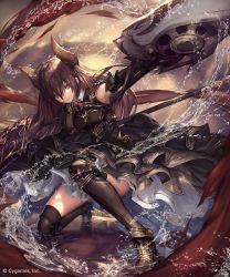 Rule 34 | 10s, 1girl, armor, armored boots, armpits, black thighhighs, boots, bow, brown hair, commentary request, draph, elbow gloves, forte (shingeki no bahamut), gloves, high heel boots, high heels, highres, horns, long hair, polearm, red eyes, shadowverse, shingeki no bahamut, skirt, solo, tachikawa mushimaro, thighhighs, weapon