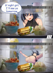 Rule 34 | 1girl, blue hair, bread, breasts, drooling, english text, falling, food, hair intakes, highres, ho2nium, hololive, hololive english, in container, in refrigerator, large breasts, meme, mouth drool, ouro kronii, refrigerator, refrigerator interior, saliva, sandwich, shirt, short hair, sleeveless, sleeveless shirt, smile, solo, submarine sandwich, subway (company), tank top, underboob, virtual youtuber, zipper