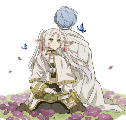 1boy 1girl absurdres back-to-back belt black_belt black_pantyhose black_shirt blue_butterfly blue_hair blue_shirt book book_on_lap boots brown_footwear bug butterfly capelet cloak closed_mouth earrings elf field flower flower_field frieren gem gold_trim green_eyes grimoire hakuuyori high_collar highres himmel_(sousou_no_frieren) hood hood_down hooded_cloak insect jewelry long_sleeves looking_to_the_side multicolored_shirt pantyhose parted_bangs pointy_ears purple_flower red_gemstone shirt sitting skirt sousou_no_frieren striped_clothes striped_shirt twintails vertical-striped_clothes vertical-striped_shirt wariza white_capelet white_cloak white_hair white_shirt white_skirt