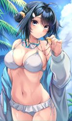 Rule 34 | 1girl, absurdres, ahoge, arknights, bare shoulders, bikini, black hair, blue eyes, blue sky, blush, breasts, cleavage, cloud, commentary, cowboy shot, day, goggles, goggles around neck, grey jacket, groin, hand up, highres, holding, jacket, la pluma (arknights), la pluma (summer flowers) (arknights), large breasts, looking at viewer, nameko houshi, navel, off shoulder, official alternate costume, outdoors, short hair, sky, solo, standing, stomach, swimsuit, whistle, white bikini