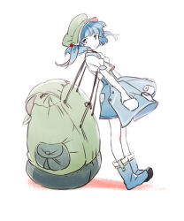 Rule 34 | 1girl, backpack, bag, blue eyes, blue hair, boots, full body, hair bobbles, hair ornament, hat, iwamoto zerogo, kawashiro nitori, looking at viewer, matching hair/eyes, short hair, simple background, solo, touhou, twintails, two side up, white background