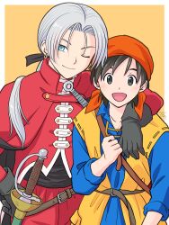 Rule 34 | 2boys, bandana, belt, blue eyes, blue shirt, brown belt, collarbone, dragon quest, dragon quest viii, earrings, gloves, hand on another&#039;s shoulder, hero (dq8), highres, jacket, jewelry, kugamin, kukuru (dq8), male focus, multiple boys, one eye closed, open mouth, orange bandana, pants, ponytail, red jacket, red pants, shirt, smile, sword, weapon, weapon on back, white background, white hair
