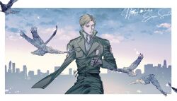 Rule 34 | 1boy, absurdres, amputee, bird, blonde hair, blue eyes, coat, cowboy shot, erwin smith, expressionless, flying, halcyon (gugfuggugfug), happy birthday, highres, looking to the side, male focus, shingeki no kyojin, short hair, solo, survey corps (emblem), thick eyebrows, wind