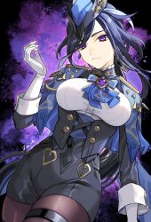 Rule 34 | 1girl, blue hair, breasts, clorinde (genshin impact), dress, feathers, frilled sleeves, frills, genshin impact, gloves, hat, hat feather, highres, large breasts, pantyhose, purple eyes, signature, simple background, solo, tatsuma daisuke, thigh strap, uniform, vision (genshin impact), white background, white gloves