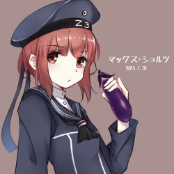 Rule 34 | 10s, 1girl, blue dress, brown background, brown eyes, brown hair, character name, clothes writing, colis (regunm772), dated, dress, eggplant, hat, kantai collection, long sleeves, looking at viewer, neckerchief, sailor collar, sailor dress, sailor hat, short hair, simple background, solo, upper body, z3 max schultz (kancolle)