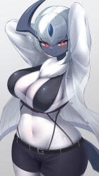 Rule 34 | 1girl, absol, belt, blush, bra, breasts, cleavage, creatures (company), eyelashes, forehead jewel, furry, furry female, game freak, gen 3 pokemon, horns, jacket, large breasts, looking at viewer, navel, nintendo, pokemon, pokemon (creature), red eyes, sasayuki (kemonoyou), shorts, single horn, smile, solo, standing, underwear, white fur, white hair