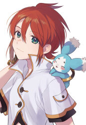 Rule 34 | 1boy, child, closed mouth, collared shirt, creature, creature on shoulder, fuji fujino, green eyes, hair between eyes, highres, looking at viewer, luke fon fabre, mieu (tales), on shoulder, red hair, shirt, short hair, short sleeves, simple background, smile, tales of (series), tales of the abyss, white background, white shirt