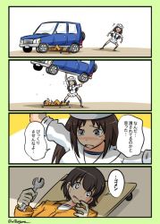 Rule 34 | 2girls, 4koma, ^^^, black eyes, black hair, black legwear, black neckerchief, blouse, blush, brown hair, car, comic, commentary, constricted pupils, creeper (tool), dixie cup hat, frown, girls und panzer, gloves, hat, holding, holding wrench, jumpsuit, kogane (staygold), lifting vehicle, long hair, long sleeves, looking at another, lying, mechanic, military hat, miniskirt, motor vehicle, multiple girls, murakami (girls und panzer), nakajima (girls und panzer), neckerchief, notice lines, on back, ooarai naval school uniform, open mouth, orange jumpsuit, pleated skirt, sailor, sailor collar, school uniform, shirt, shoes, short hair, skirt, sleeves rolled up, socks, standing, tearing up, translated, twitter username, uniform, white gloves, white hat, white shirt, white skirt, wrench