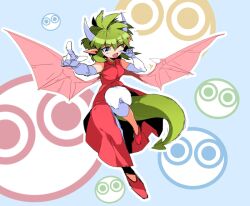 Rule 34 | 1girl, 5others, draco centauros, dragon girl, dragon horns, dragon tail, dragon wings, dress, gloves, green eyes, green hair, green tail, horns, multiple others, one eye closed, puyo (puyopuyo), puyopuyo, q-bei, red dress, short hair, standing, standing on one leg, tail, white gloves, wings