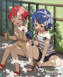 Rule 34 | 2girls, ahoge, bare shoulders, black shorts, blue hair, character name, closed eyes, collarbone, commentary request, dated, day, double bun, dress, fang, flat chest, food, full body, gochuumon wa usagi desu ka?, hair bun, hairband, handheld electric fan, highres, holding, holding food, jouga maya, knees together feet apart, looking down, mohei, multiple girls, natsu megumi, no socks, open mouth, outdoors, papico (ice cream), plaid, plaid dress, red hair, sandals, short hair, shorts, sidelocks, sitting, skin fang, smile, strap slip, striped tank top, tank top, tree shade, white hairband, white tank top, yellow dress, yellow eyes