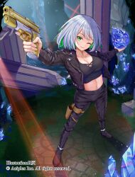 Rule 34 | 1girl, ;), absurdres, artist name, black footwear, black jacket, black pants, black shirt, breasts, build divide, cleavage, copyright notice, from above, full body, green eyes, green hair, gun, highres, holding, holding gun, holding skull, holding weapon, holster, jacket, leather, leather jacket, medium breasts, midriff, multicolored hair, navel, official art, one eye closed, pants, rgrey00, shirt, short hair, skull, smile, solo, thigh holster, two-tone hair, weapon, white hair