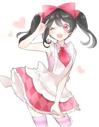 Rule 34 | 10s, 1girl, ;d, apron, artist name, bad id, bad pixiv id, black hair, blush, bow, cropped legs, earrings, hair bow, heart, heart earrings, jewelry, korekara no someday, long hair, love live!, love live! school idol project, m/, marin (myuy 3), necktie, one eye closed, open mouth, red eyes, smile, solo, striped clothes, striped thighhighs, thighhighs, twintails, yazawa nico, zettai ryouiki