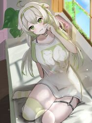 :3 ahoge animal_ears arata_(artist) asymmetrical_legwear bed blush bra bra_strap embarrassed fang ferret ferret_ears ferret_girl gradient_hair green_hair green_nails green_shirt hair_between_eyes hairband hand_on_own_cheek hand_on_own_face head_tilt highres indie_virtual_youtuber laimu_(vtuber) laimu_(vtuber)_(cozy) looking_at_viewer multicolored_hair multicolored_shirt no_pants on_bed plant potted_plant ribbon shirt single_thighhigh sitting skindentation sunlight sweatdrop t-shirt thigh_strap thighhighs thighs twintails two-tone_hair underwear vines vinesauce virtual_youtuber white_hair white_shirt window zettai_ryouiki