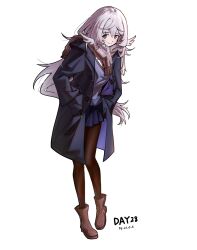 Rule 34 | 1girl, absurdres, alternate costume, arknights, black coat, black pantyhose, blue skirt, blue sweater vest, blush, brown footwear, brown scarf, coat, commentary request, dated, gaoling gangqin, grey eyes, hands in pockets, highres, long hair, looking at viewer, mulberry (arknights), open clothes, open coat, pantyhose, plaid, plaid scarf, scarf, skirt, smile, solo, sweater vest, very long hair, white hair
