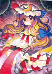 Rule 34 | 1girl, book, bow, colored pencil (medium), crescent, dated, female focus, glowing, hair bow, hat, light, long hair, magic, millipen (medium), mosho, open book, painting (medium), patchouli knowledge, red eyes, signature, solo, touhou, traditional media, watercolor (medium)