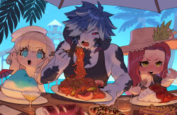 Rule 34 | 1boy, 2girls, au ra, bikini, black bikini, black sclera, black tank top, blonde hair, blue eyes, blue hair, blush, chopsticks, cocktail glass, cocktail umbrella, colored sclera, commentary request, crying, cup, curry, curry rice, dragon horns, drinking glass, eating, eyes visible through hair, final fantasy, final fantasy xiv, food, glasses, green eyes, grey hair, hat, highres, holding, holding chopsticks, holding cup, holding plate, holding spoon, horns, lalafell, multicolored hair, multiple girls, noodles, open mouth, palm tree, plate, red eyes, red hair, rice, scales, shaved ice, spicy, spoon, streaked hair, sun hat, sweat, swimsuit, takoyaki, tank top, tears, tree, two-tone hair, warrior of light (ff14), wavy eyes, zombiemiso