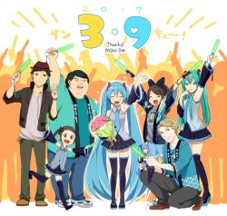 Rule 34 | 39, 2017, 3boys, 3girls, aqua hair, arm up, audience, bare shoulders, black hair, blonde hair, blush, bouquet, brown hair, character doll, commentary, cosplay, detached sleeves, flower, glowstick, hair ornament, hand up, hatsune miku, hatsune miku (cosplay), holding, holding bouquet, jacket, loafers, long hair, looking at viewer, magical mirai (vocaloid), multiple boys, multiple girls, necktie, nokuhashi, pants, penlight (glowstick), shirt, shoes, silhouette, skirt, sleeveless, sleeveless shirt, smile, sneakers, sparkle, spring onion, squatting, thighhighs, translated, twintails, very long hair, vocaloid, wide shot