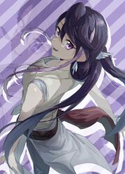 Rule 34 | 1girl, black hair, bracelet, commentary request, from behind, head wings, highres, jewelry, kurosaki ruri, long hair, looking at viewer, looking back, multicolored hair, open mouth, purple eyes, purple hair, sleeveless, sleeveless jacket, solo, striped background, wings, you v kihu, yu-gi-oh!, yu-gi-oh! arc-v, zoom layer
