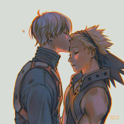 Rule 34 | 2boys, bakugou katsuki, bare shoulders, blonde hair, blue jacket, boku no hero academia, closed mouth, eyebrows, closed eyes, kissing forehead, hair slicked back, headband, highres, jacket, kiss, long sleeves, male focus, moltiemoltie, multicolored hair, multiple boys, pale skin, parted lips, profile, red hair, simple background, sleeveless, spiked hair, todoroki shouto, toned, two-tone hair, white background, white hair, yaoi
