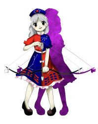 Rule 34 | 1girl, arrow (projectile), black footwear, blue dress, bow, bow (weapon), collared dress, constellation, constellation print, cross, dress, frilled dress, frills, hat, highres, kaisouou konbu, long hair, looking at viewer, multicolored clothes, multicolored dress, nurse cap, parted bangs, puffy short sleeves, puffy sleeves, red cross, red dress, sash, shadow, shoes, short sleeves, silver hair, simple background, solo, touhou, weapon, white background, white bow, white sash, yagokoro eirin, yellow eyes, zun (style)