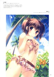 Rule 34 | 1girl, absurdres, bikini, bikini skirt, day, food, front-tie bikini top, front-tie top, fruit, highres, mitsumi misato, official art, outdoors, palm tree, scan, solo, swimsuit, to heart (series), to heart 2, tree, water drop