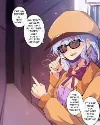 Rule 34 | 1girl, absurdres, alley, alternate costume, aqua eyes, black-framed eyewear, blush, breasts, brown coat, brown hat, cleavage, coat, commentary, earrings, english commentary, english text, hair between eyes, hat, highres, hinghoi, honkai: star rail, honkai (series), jewelry, looking at viewer, mask, mask pull, medium breasts, mouth mask, official alternate costume, open mouth, pointing, pointing to the side, purple mask, purple ribbon, ribbon, robin (honkai: star rail), smile, solo, speech bubble, star (symbol), star earrings, steam, white hair