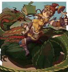 Rule 34 | 1girl, absurdres, aura, belt pouch, black footwear, book, boots, border, breasts, brown eyes, brown hair, colored skin, crying, crying with eyes open, deviljho, fingerless gloves, gauntlets, gloves, goggles, goggles on head, green skin, handler (monster hunter world), highres, jisontang, knee pads, leggings, lizard tail, looking at another, looking down, lower teeth only, monster, monster hunter, monster hunter: world, monster hunter (series), mountain, mushroom, open mouth, pouch, quill, riding, riding animal, scar, shawl, slit pupils, small breasts, spikes, tail, tears, teeth, tongue, white border, yellow eyes, yellow shawl, yellow tunic
